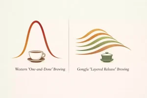 An elegant, minimalist infographic. On the left side, a single, steep, inverted U-shaped curve quickly rises and falls, labeled "Western 'One-and-Done' Brewing". This curve represents rapid, maximal flavor extraction in a short duration, showing an immediate high peak then a drop.