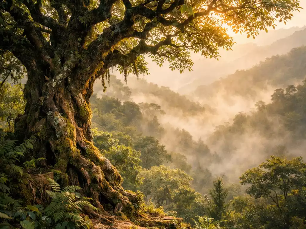 Ancient wild tea arbor tree (Camellia sinensis var. assamica) growing on a misty high-elevation ridge in Yunnan, China; gnarled trunk and lush canopy surrounded by biodiverse subtropical forest in soft morning fog