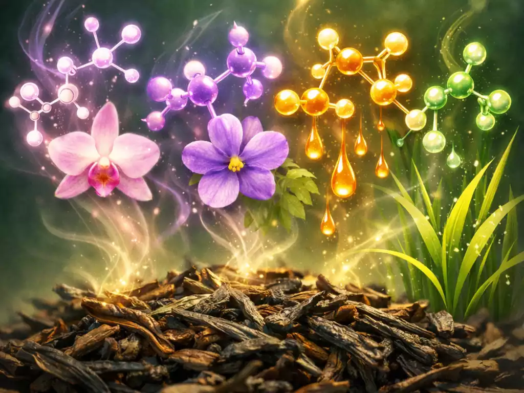 Artistic scientific visualization of key volatile aroma compounds in raw Pu-erh tea: glowing molecular structures of linalool (orchid), β-ionone (violet/raspberry), β-damascenone (honey), and hexanal (fresh grass) blending ethereally with orchid blooms, honey droplets, and green blades against a dark forest background