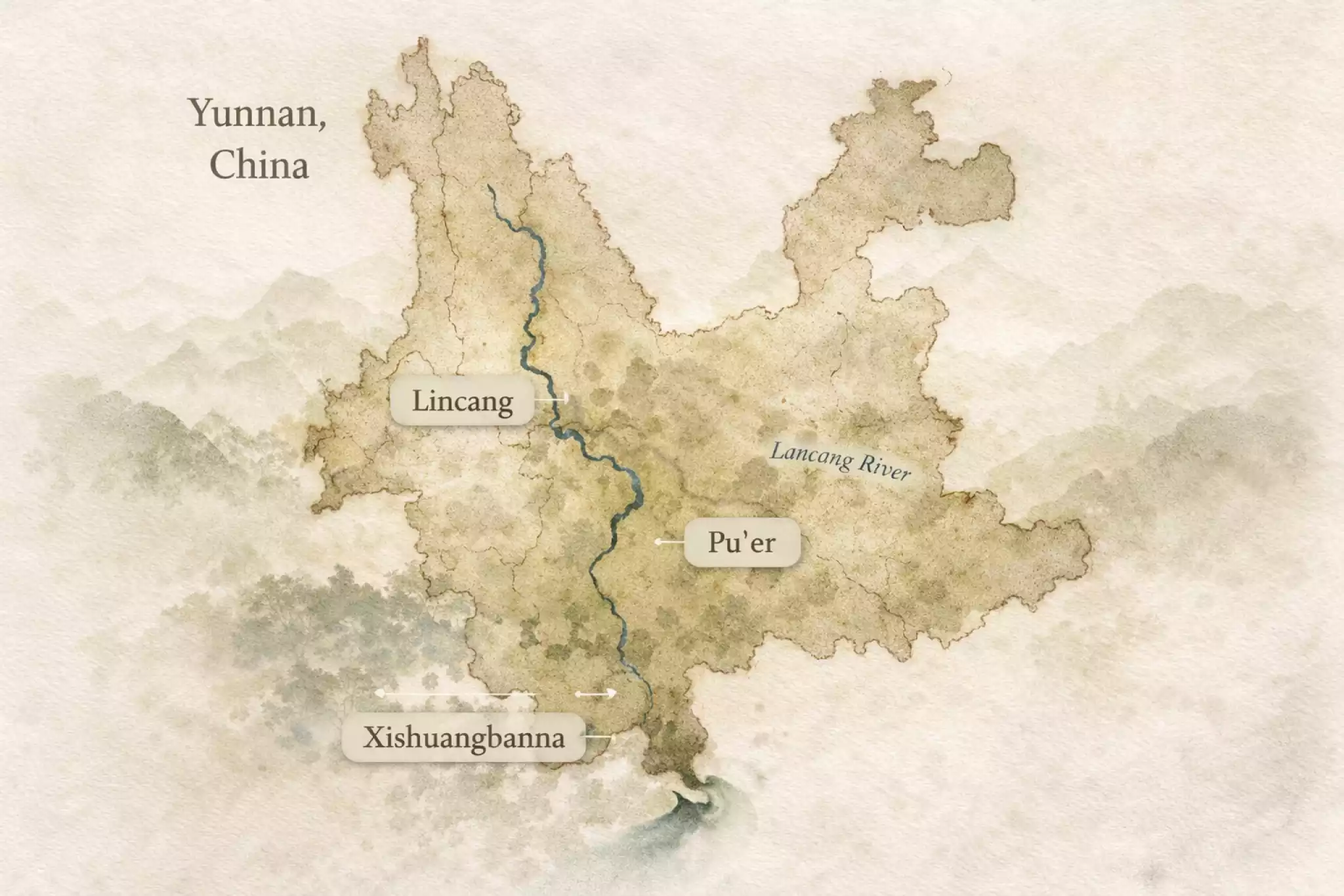 Map showing the three major Pu-erh tea regions of Yunnan divided by the Lancang River