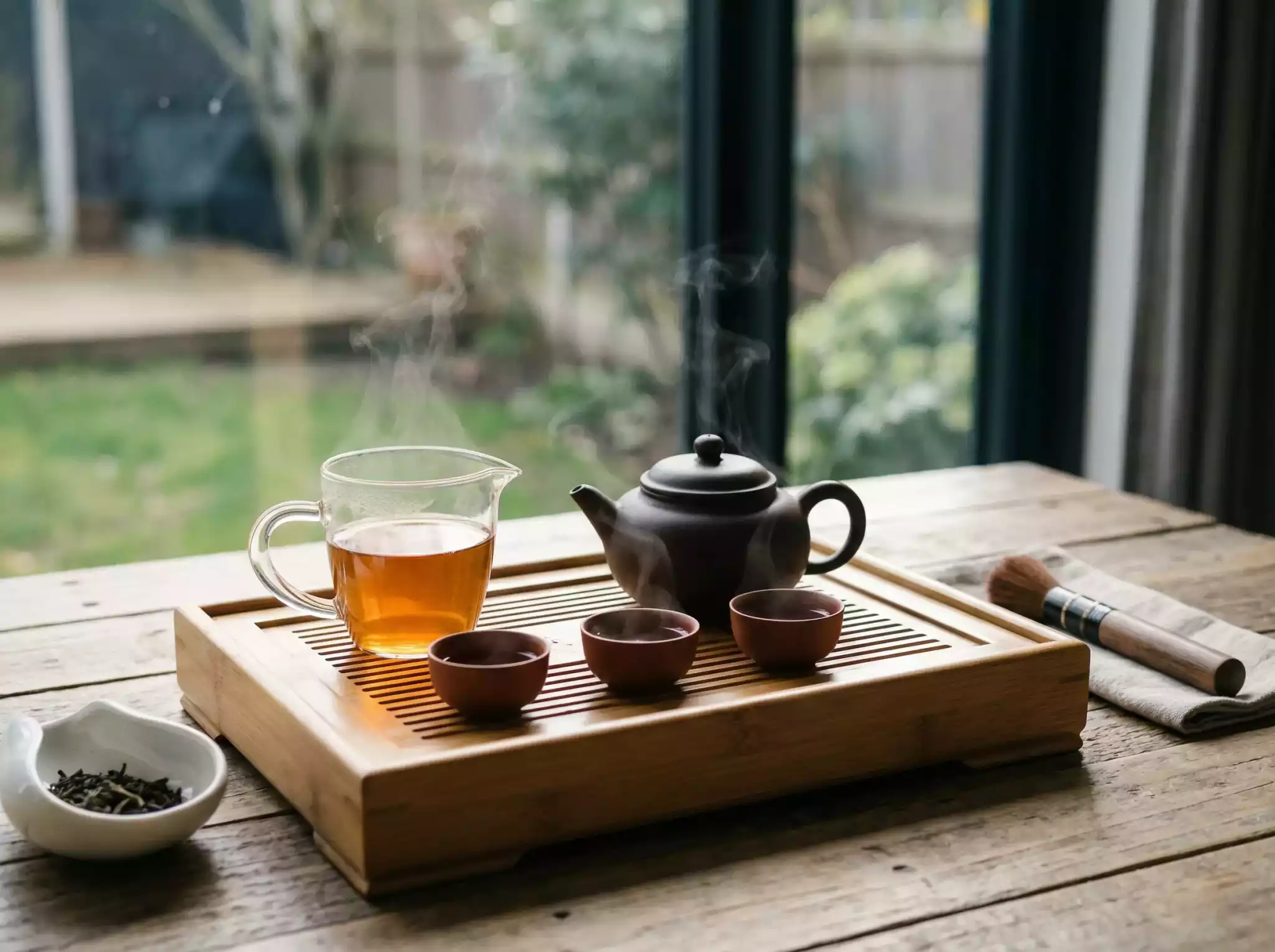 A traditional Gongfu tea set on a bamboo tray, ready for a mindful brewing session