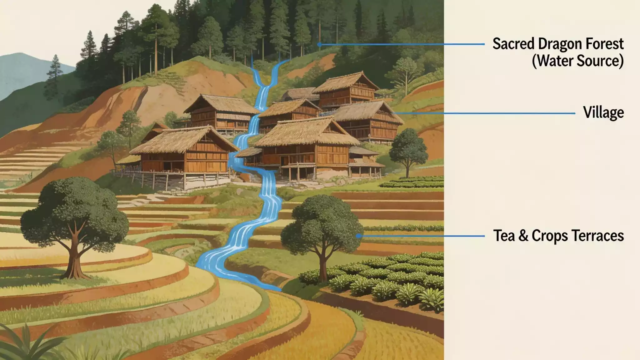 Ecological diagram showing the Hani vertical village structure: Sacred Forest, Village, and Tea Terraces
