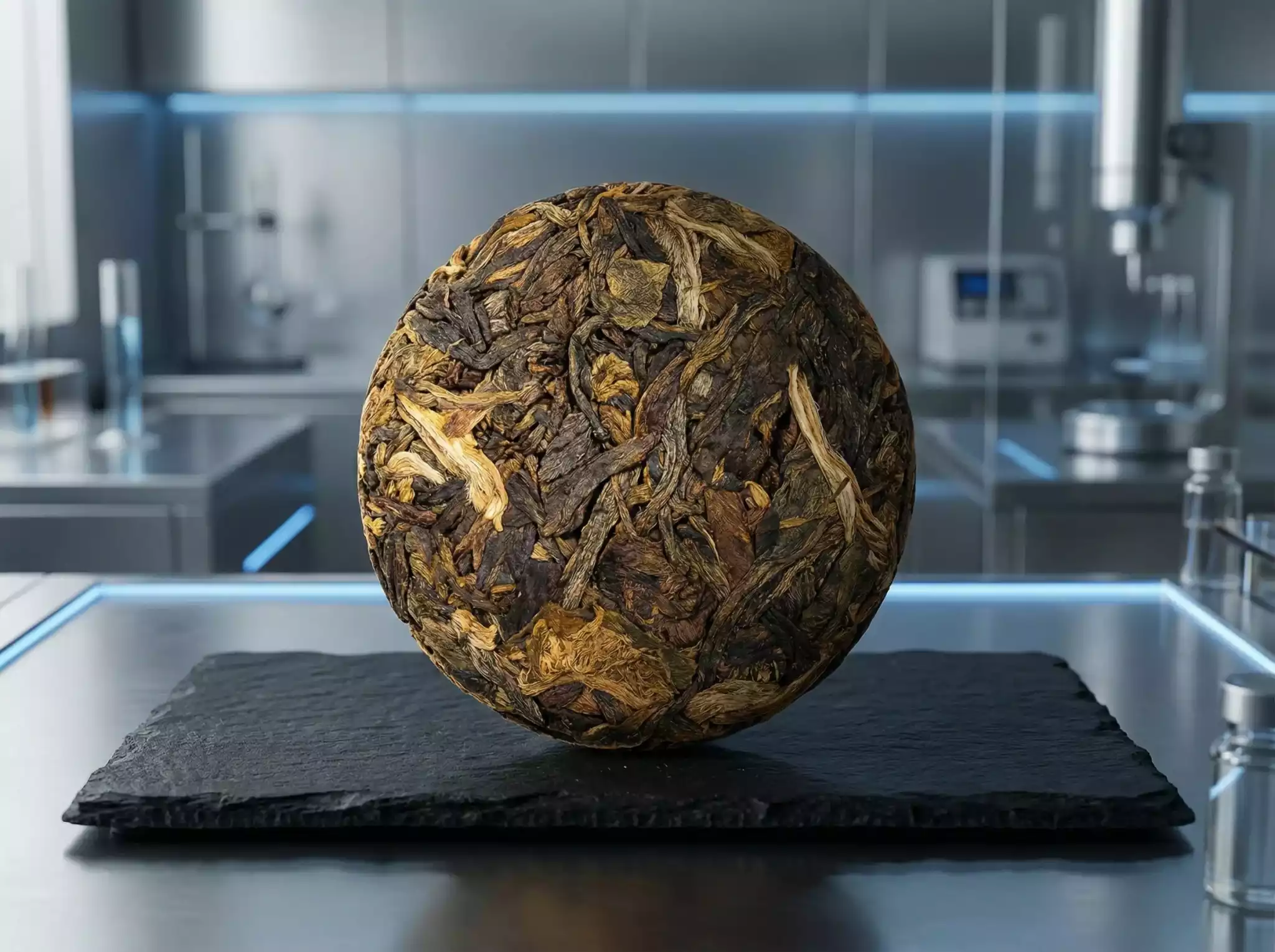 Cross-sectional density analysis of a 2g Micro Compressed Tea disc showcasing 0.55g/cm³ uniform compaction for precision brewing