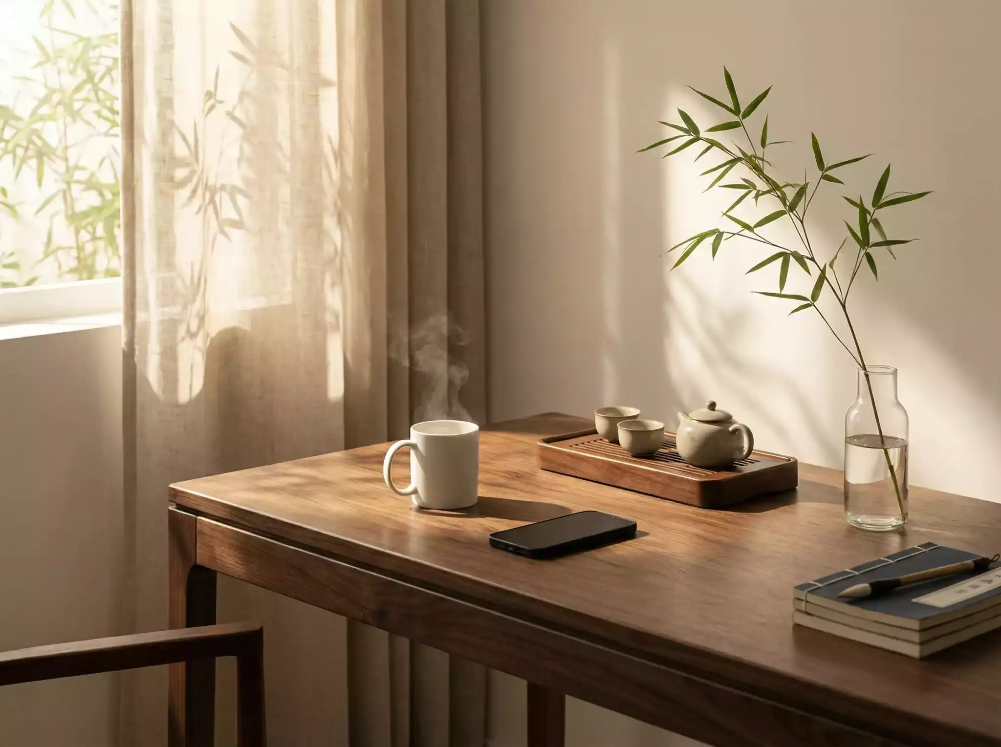 Minimalist desk with authentic Chinese tea cup and micro discs