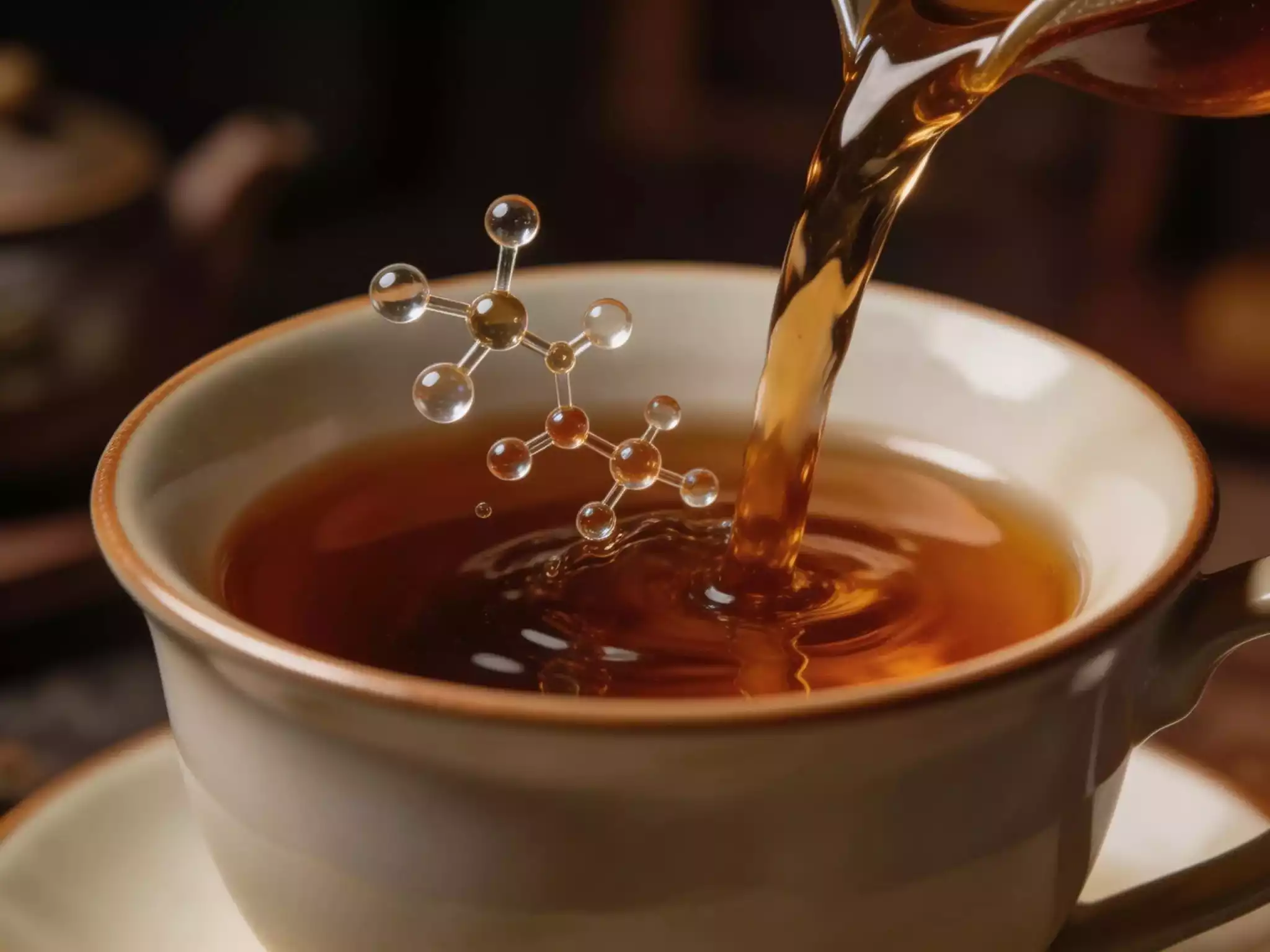 Macro photograph of tea liquor with conceptual molecular structures, symbolizing the tea vessel as a chemical reactor