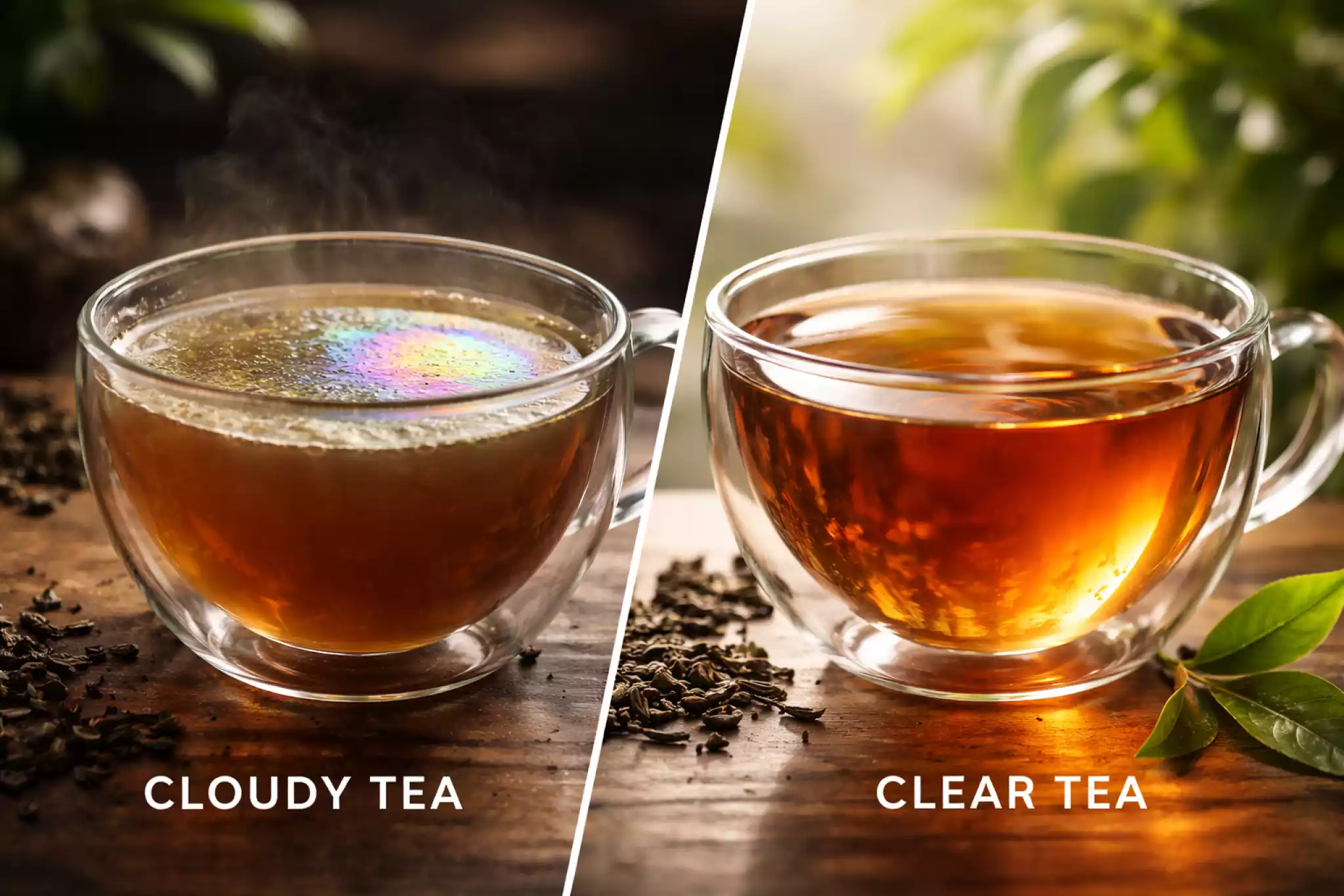 Hard water vs soft water tea comparison: left shows cloudy liquor with scum, right shows clear bright tea