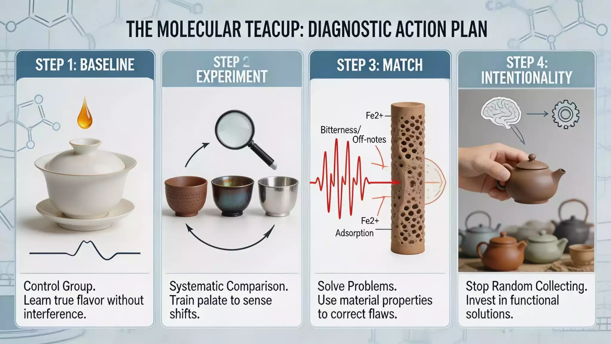 Infographic illustrating the 4-step diagnostic method for matching tea to ceramic materials