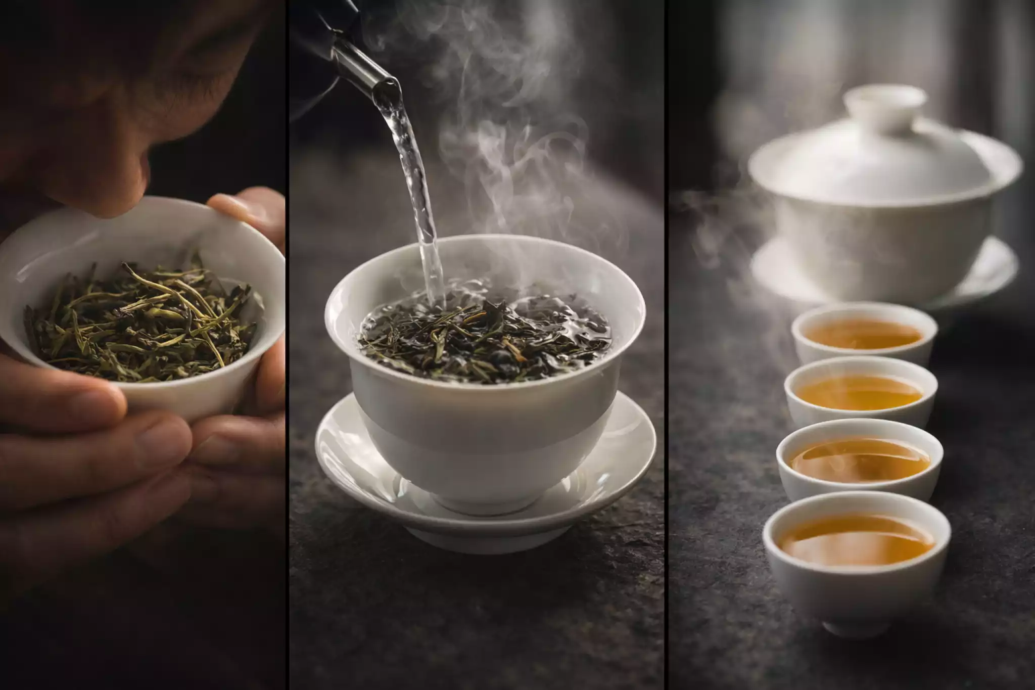 Three-panel cinematic sequence demonstrating gongfu brewing of young raw Pu-erh: 1) smelling warm dry leaves in white porcelain gaiwan, 2) pouring quick rinse with rising fragrant steam, 3) multiple small infusions showing progressive golden liquor in tasting cups; clean minimalist high-end tea photography