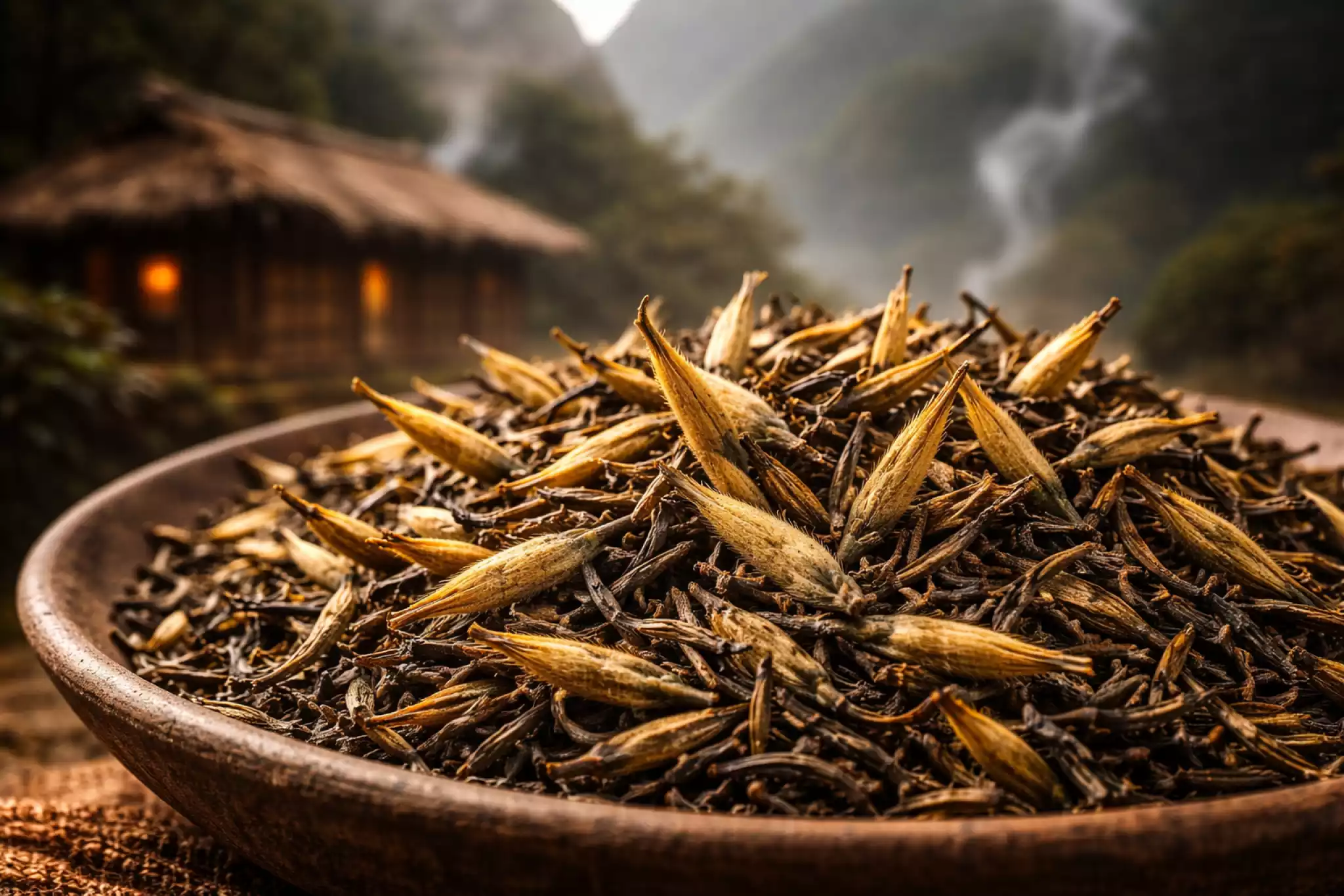 Traditional Chinese black tea presentation with dry leaves and red liquor