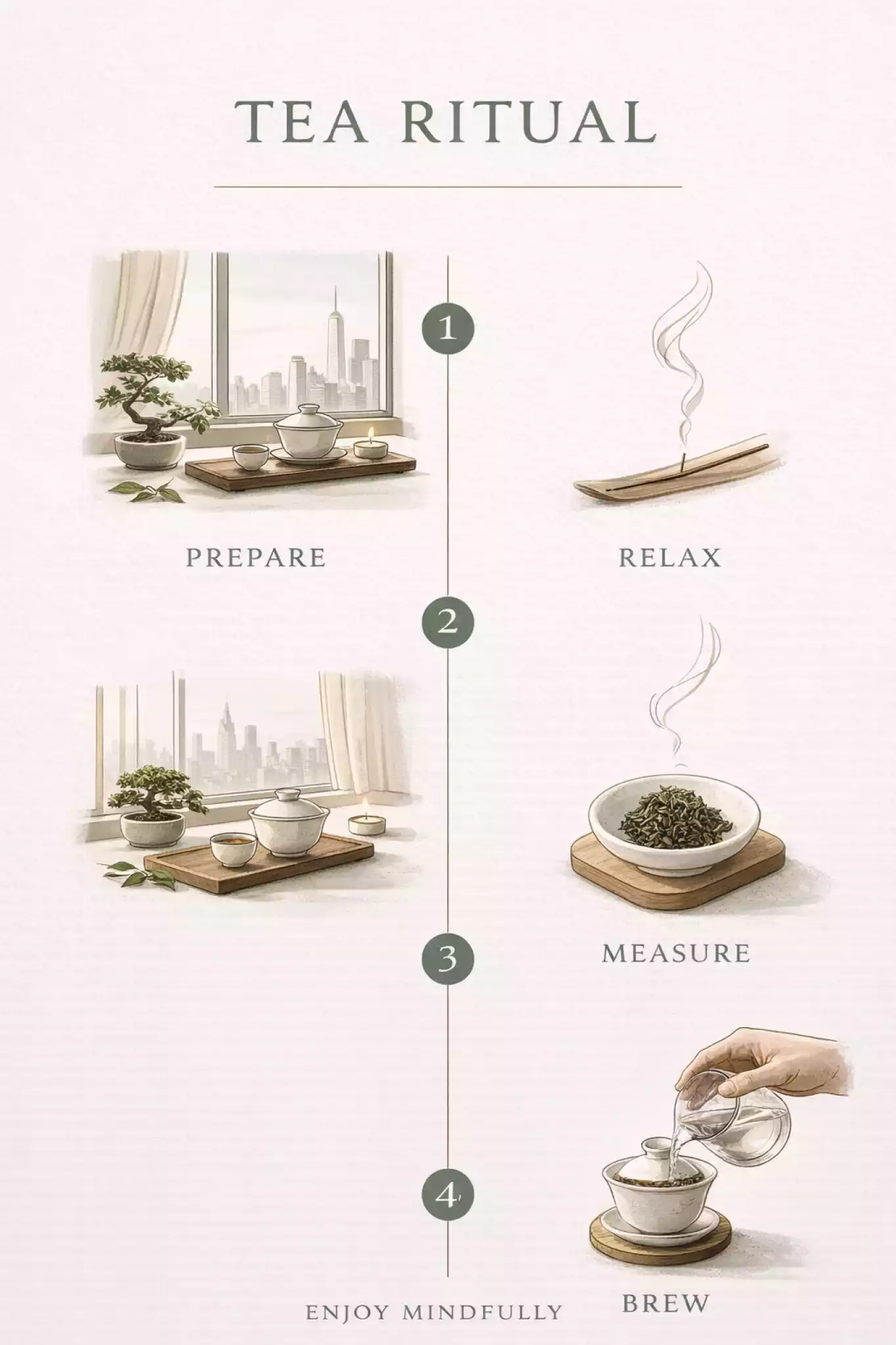 Visual guide: 4 steps to create a Manhattan tea sanctuary with 2g tea and incense