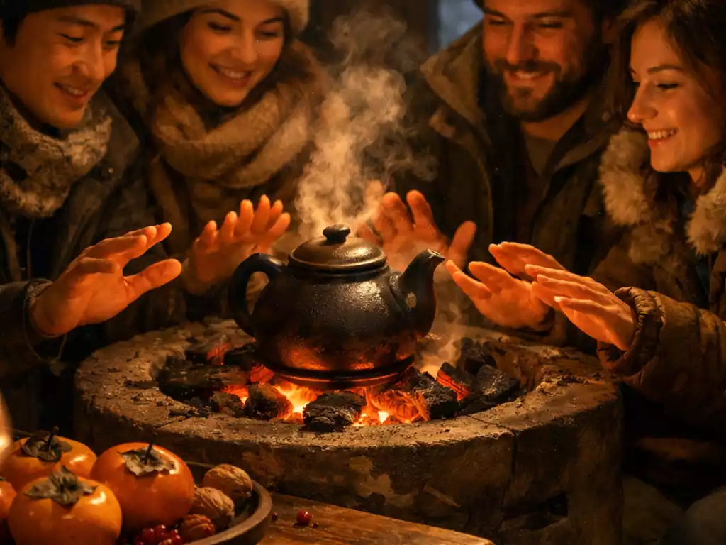 Friends gathered closely around a glowing charcoal hearth in winter, warming hands over a simmering clay teapot with seasonal fruits nearby