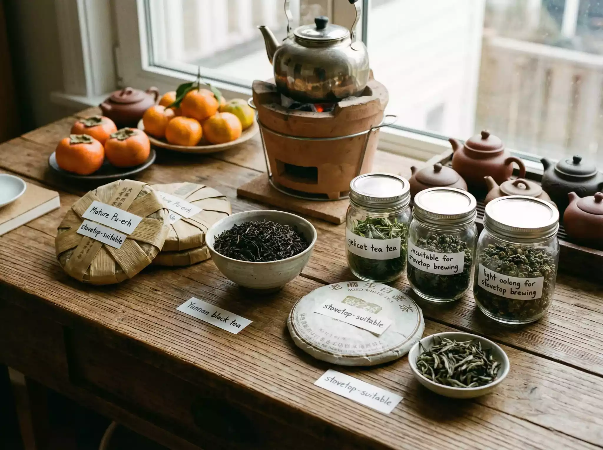 Wooden table display of fire-friendly teas including ripe Pu-erh cakes, Yunnan black tea, aged white tea, with clay teapot on charcoal stove and winter mandarins