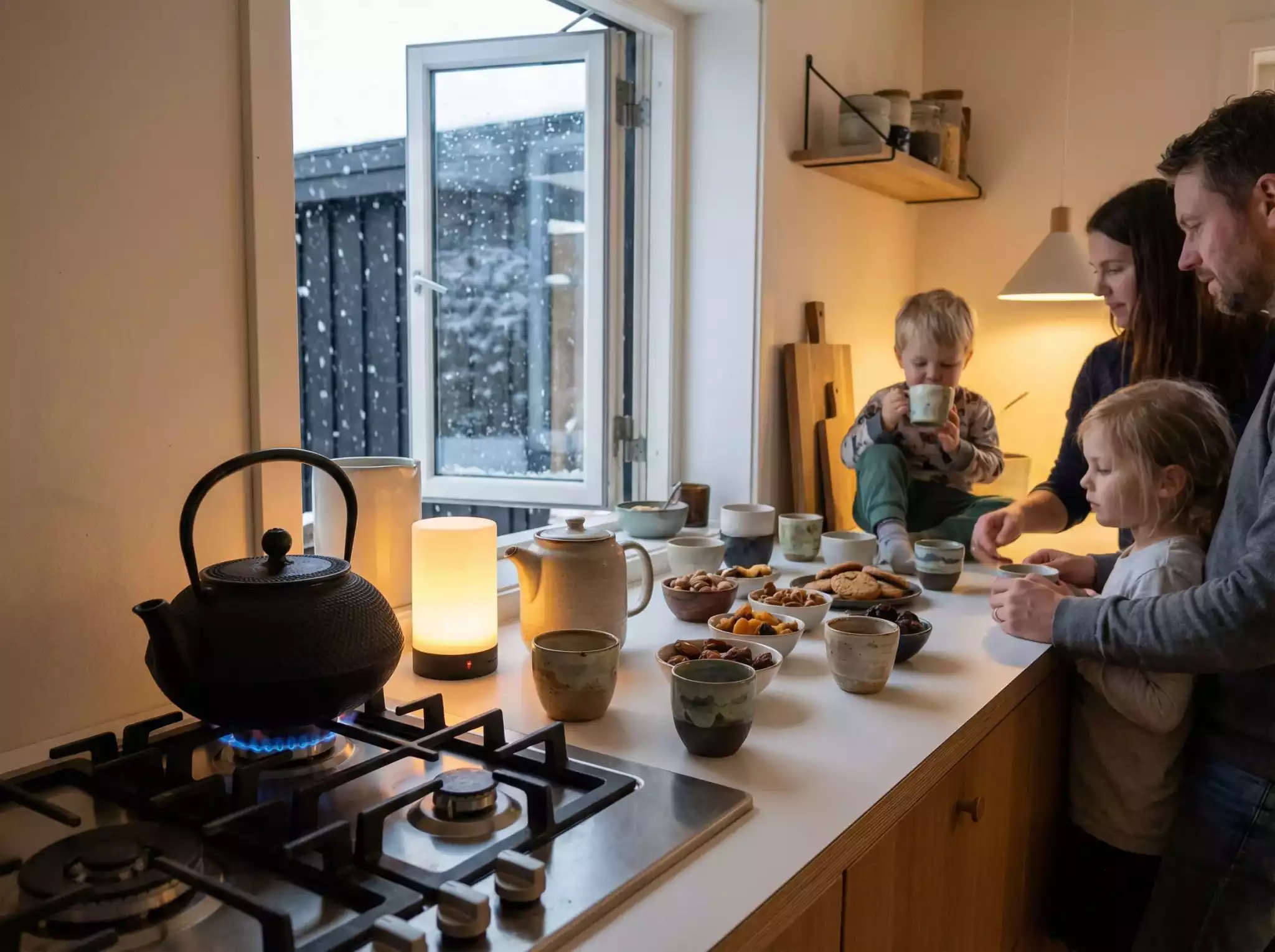 Cozy family enjoying tea by a window with snow outside, traditional teapot on a modern stove setup with snacks and warm lighting