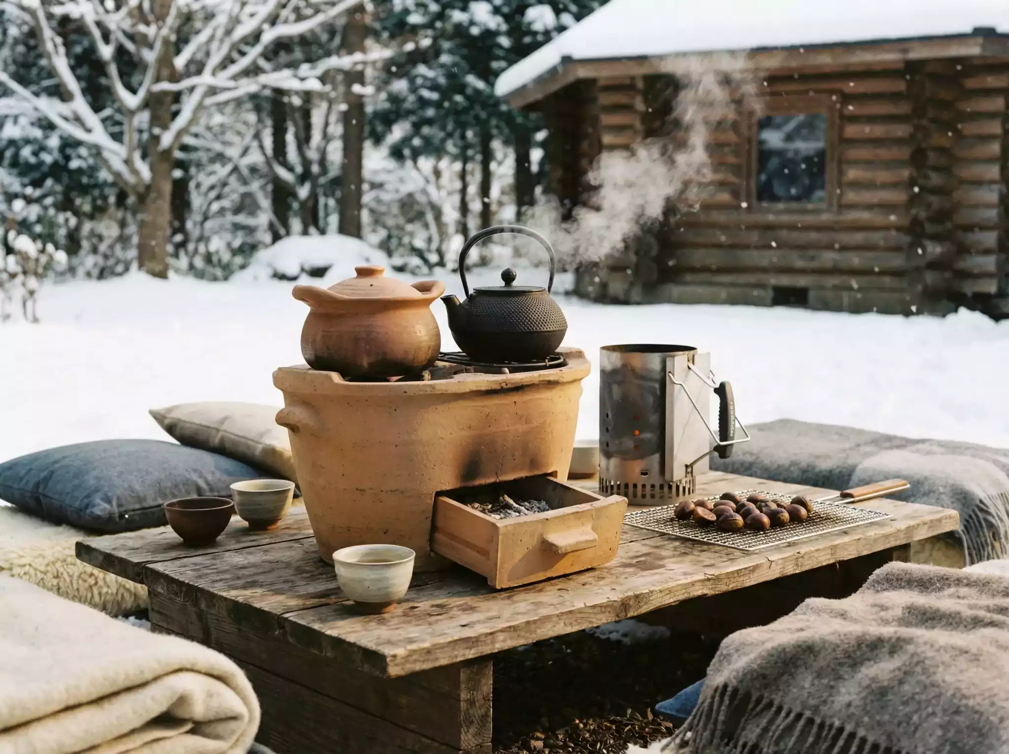 Outdoor winter hearth tea setup in snow, clay pot and cast iron kettle over charcoal stove on a wooden platform with blankets and roasted chestnuts