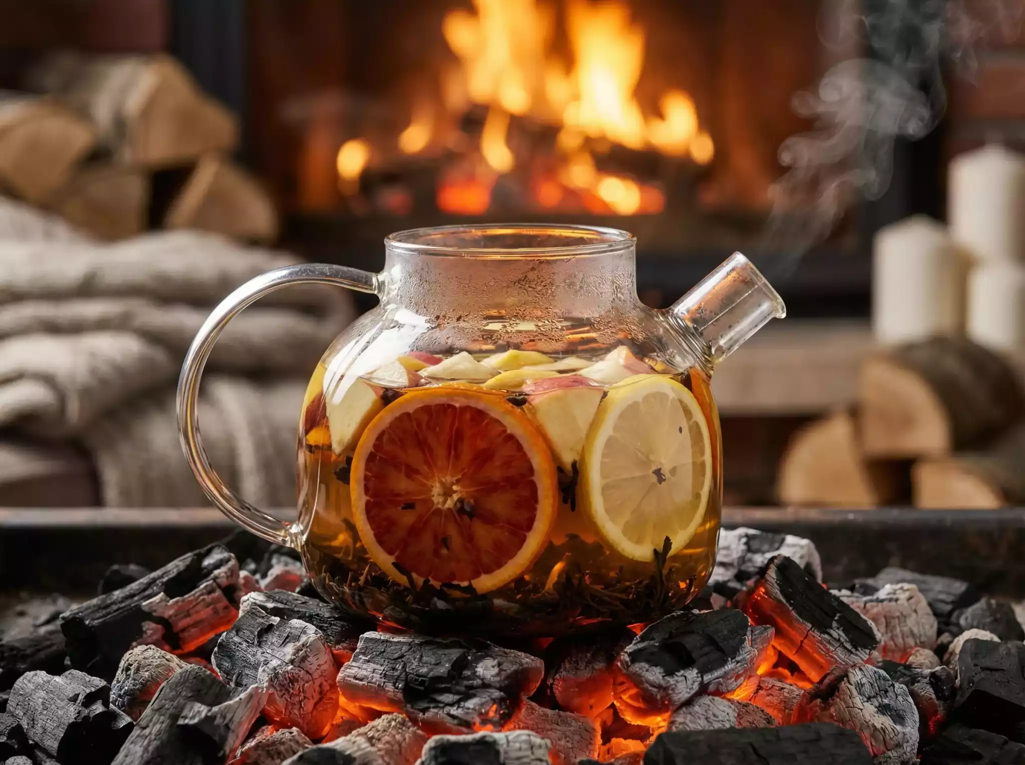 Close-up of clay teapot gently simmering over glowing charcoal with steam rising, perfect for brewing fruit-infused tea with visible citrus slices, cozy winter hearth atmosphere