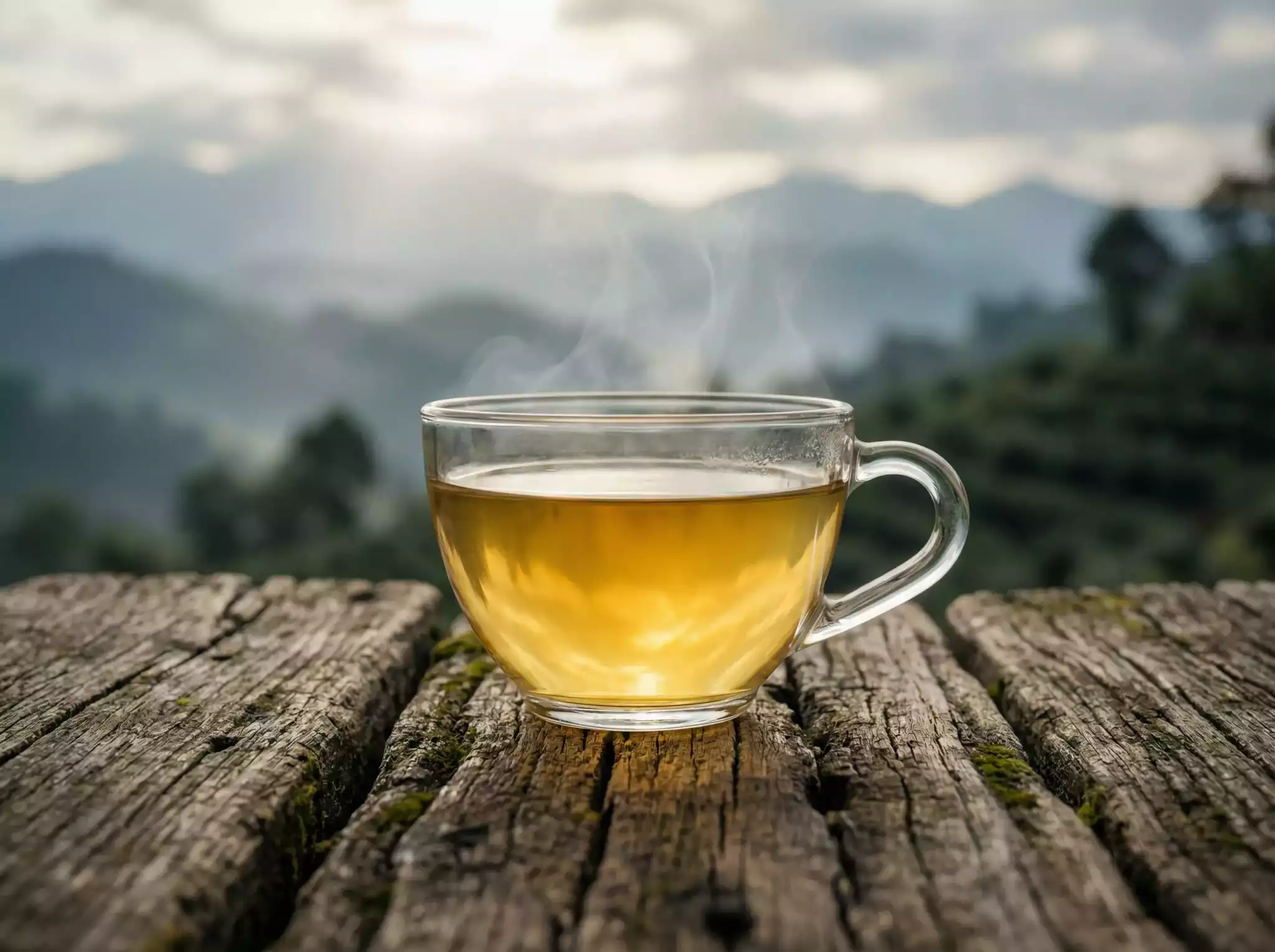 Golden Pu-erh tea in a clear glass cup showcasing the clarity and amber color of mountain origin tea