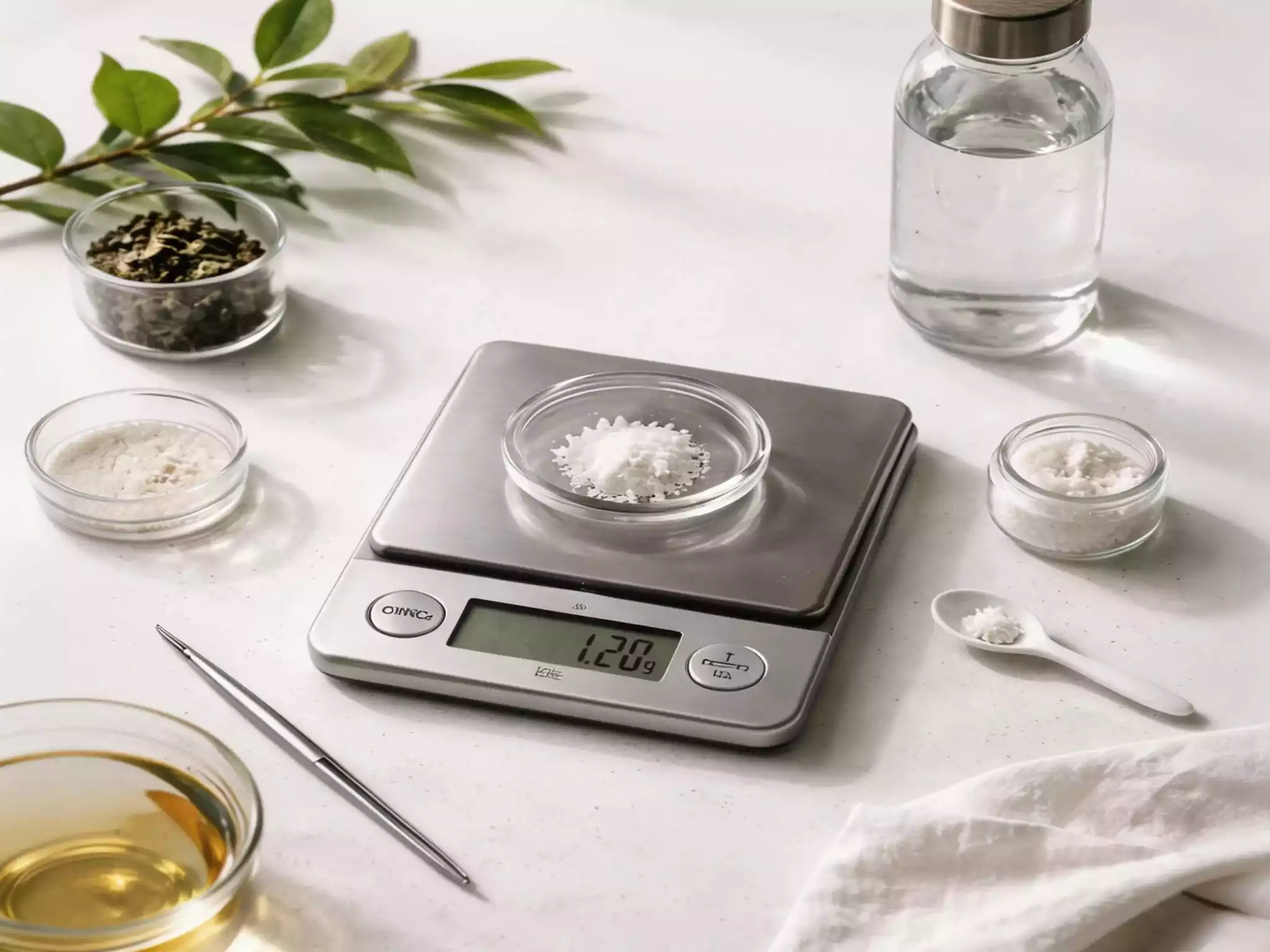 A digital scale weighing precise amounts of minerals for tea water remineralization.