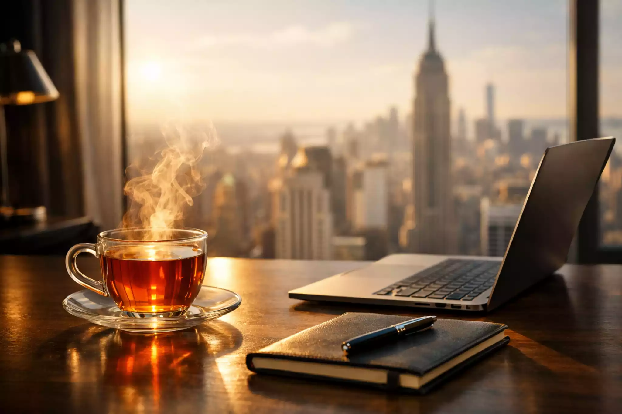 A minimalist Manhattan office desk at 3 PM with a steaming cup of tea, representing energy management