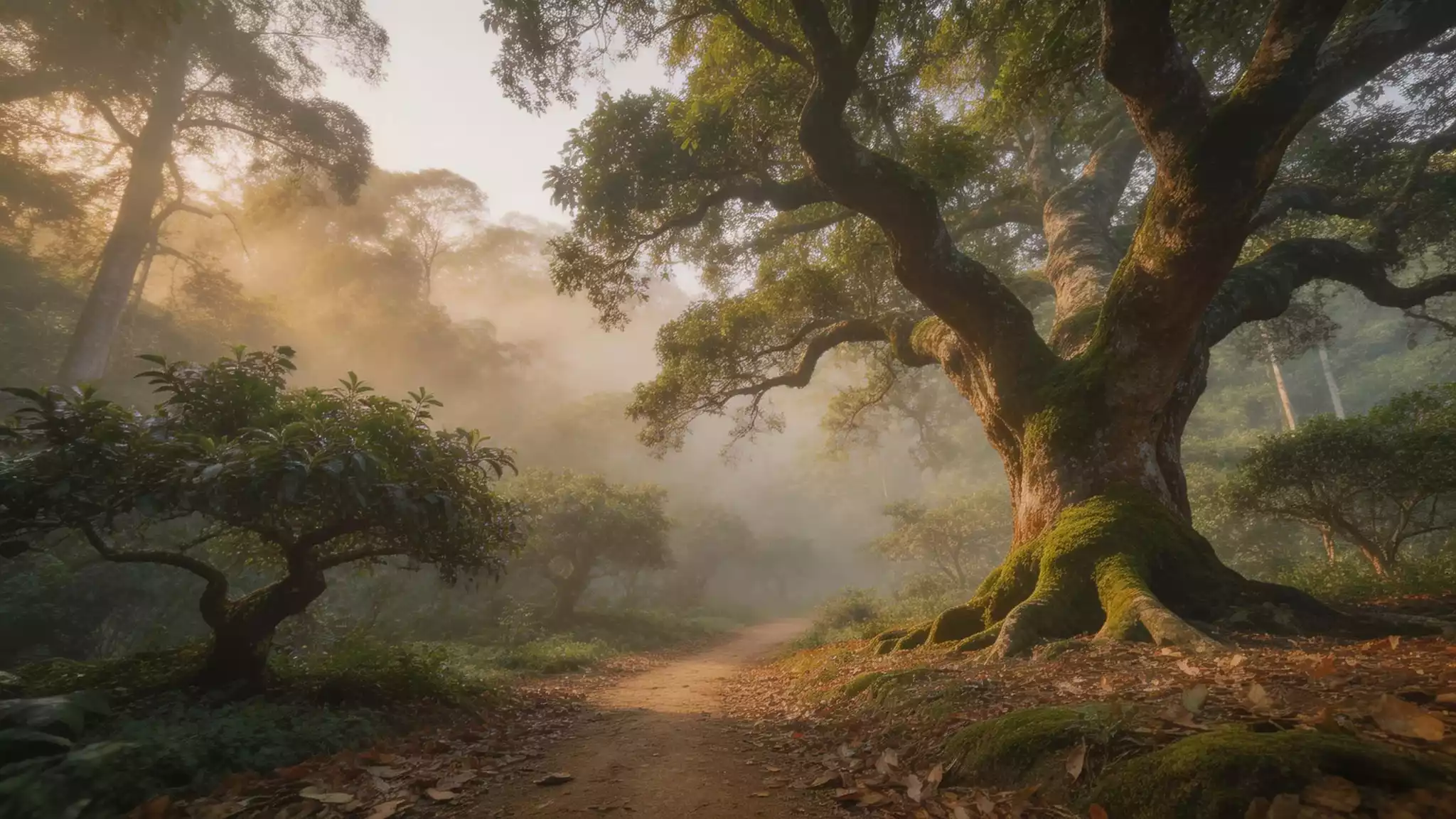 Cinematic sunrise over mist-shrouded ancient tea forests in Menghai, Yunnan