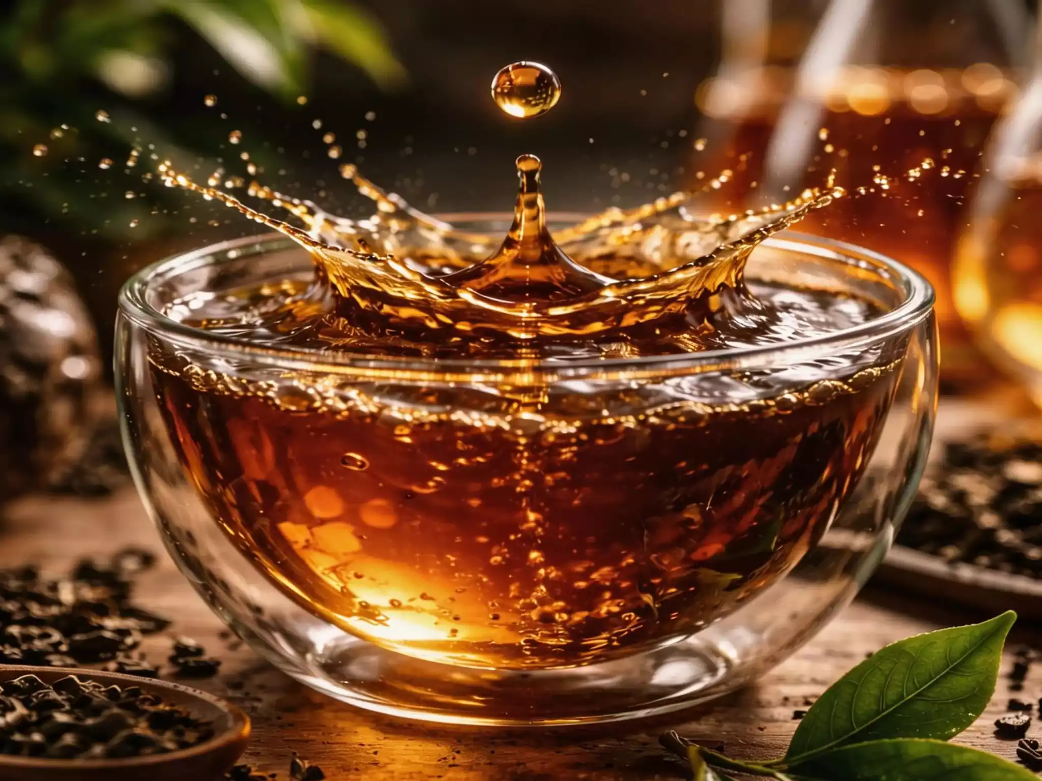 Macro shot of an amber tea drop falling into water, symbolizing the science of tea extraction.