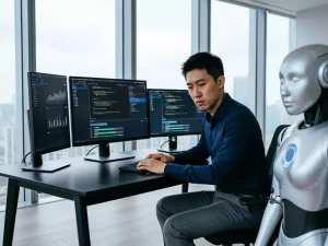 空荡的办公室、孤独的白领面对多个屏幕，机器人正在走来