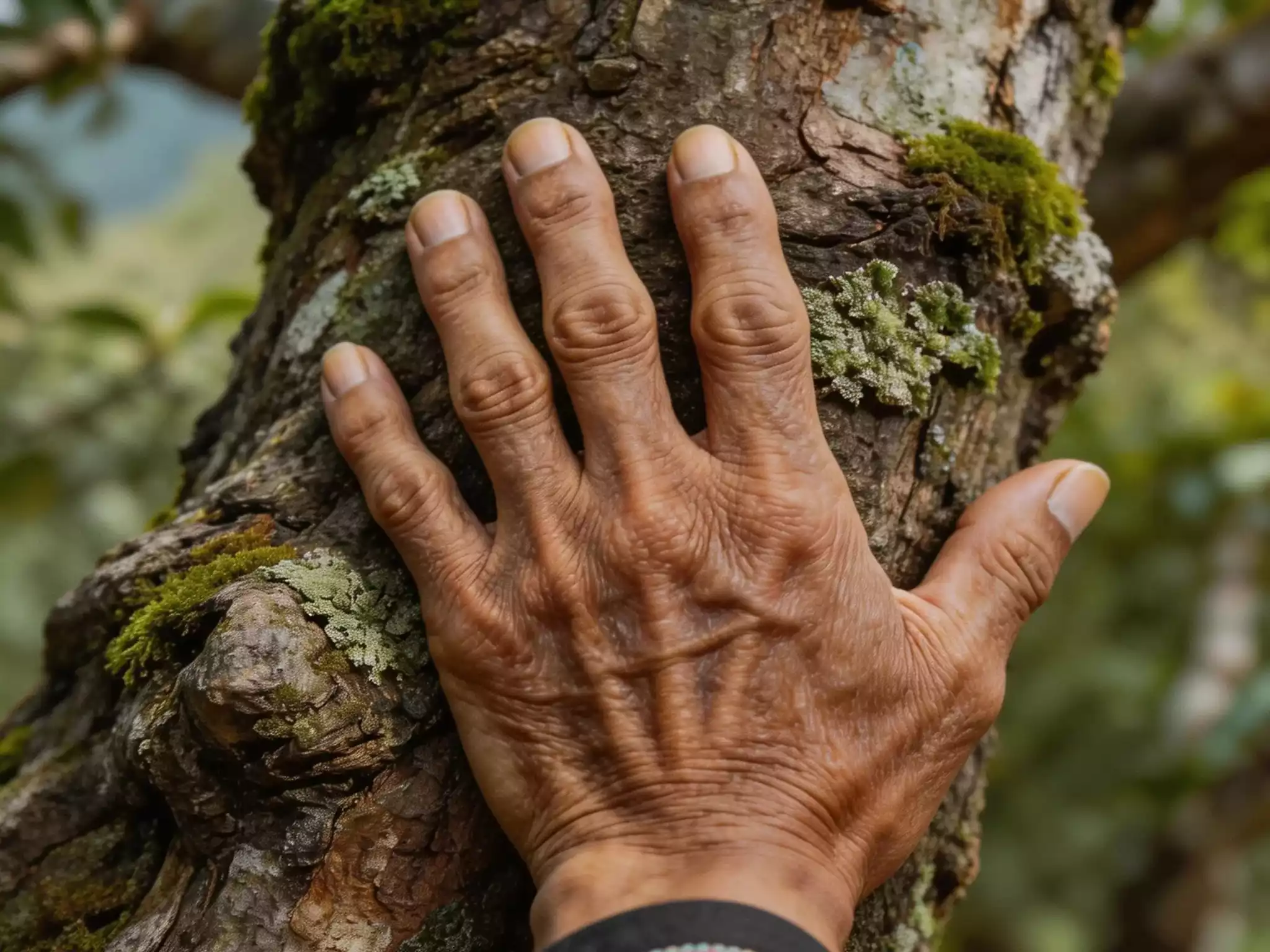 A close-up of Hani Elder Bolong's weathered hand touching the mossy bark of an ancient tea tree