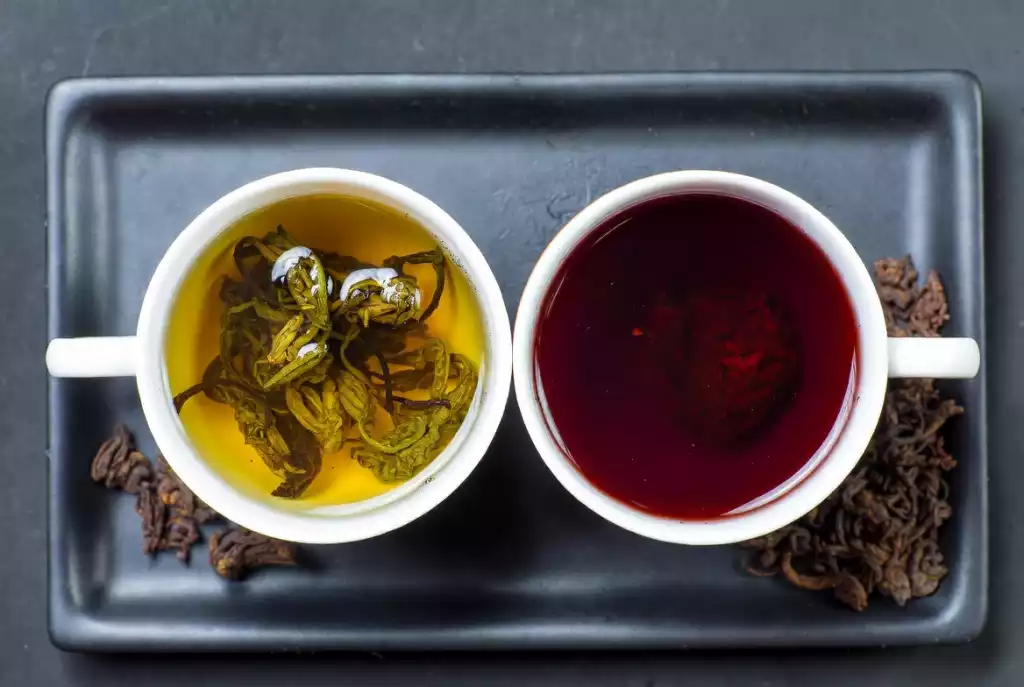 Visual comparison of golden Raw Pu-erh liquor versus dark reddish Ripe Pu-erh tea