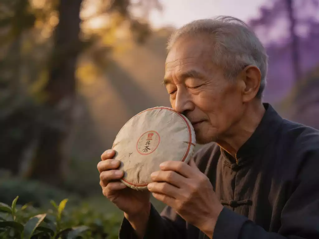 Elderly Chinese tea farmer with eyes closed in quiet appreciation, gently holding a 20-year-old aged raw Pu-erh tea cake to his nose; soft twilight in an ancient Yunnan tea forest with golden-purple light rays filtering through the trees, evoking deep time and connection to terroir