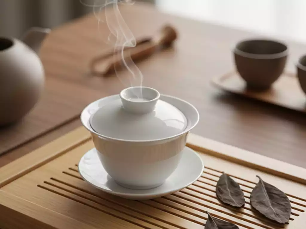 Close-up of brewing tea using a traditional Chinese Gaiwan