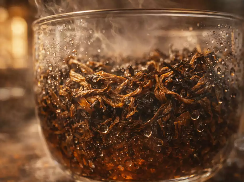 Macro shot of high-quality loose leaf Pu-erh tea expanding in a glass infuser, showcasing tea tannins and texture