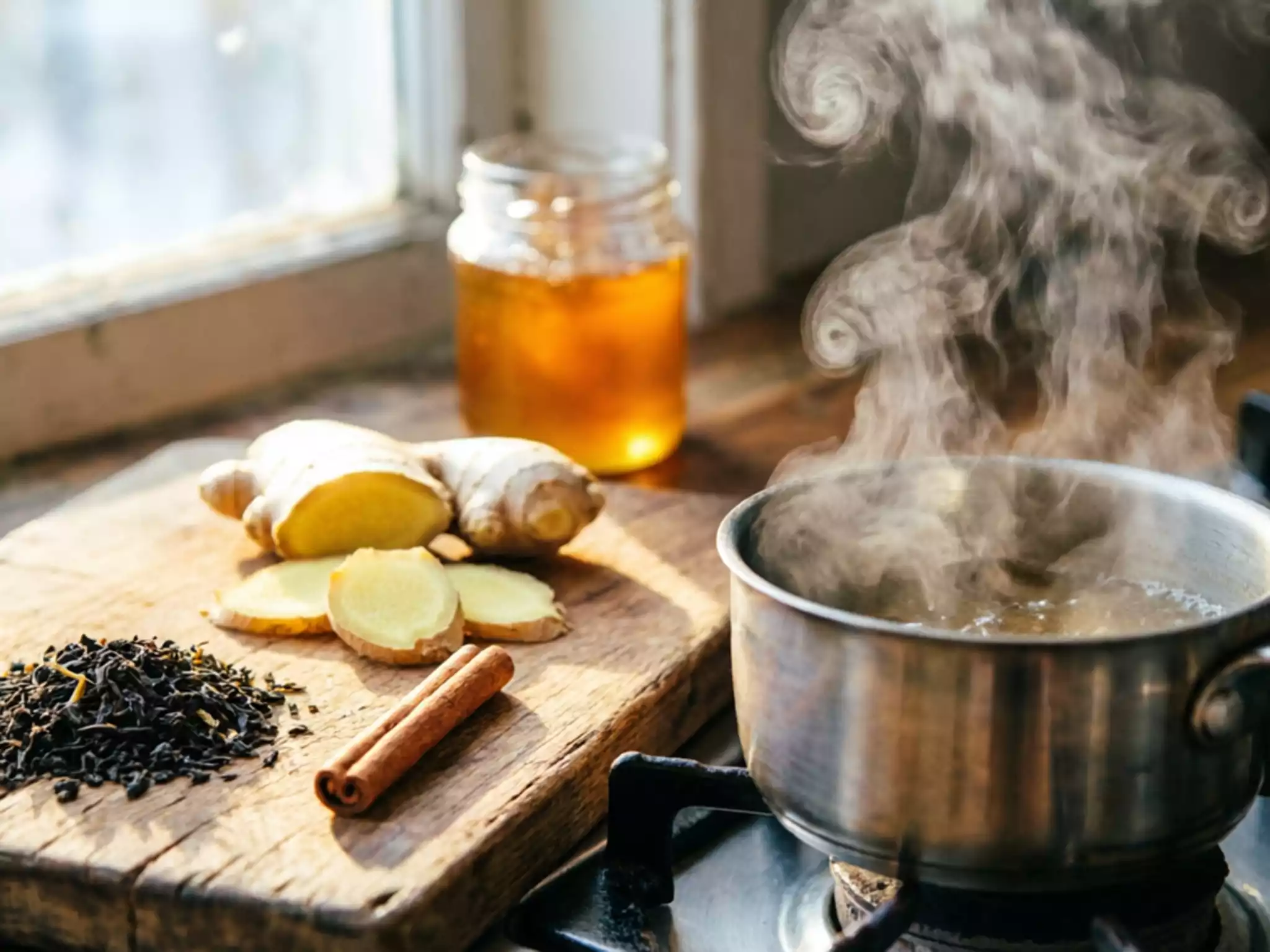 Fresh ginger slices, 2g black tea micro-cakes, and a cinnamon stick on a rustic wooden board