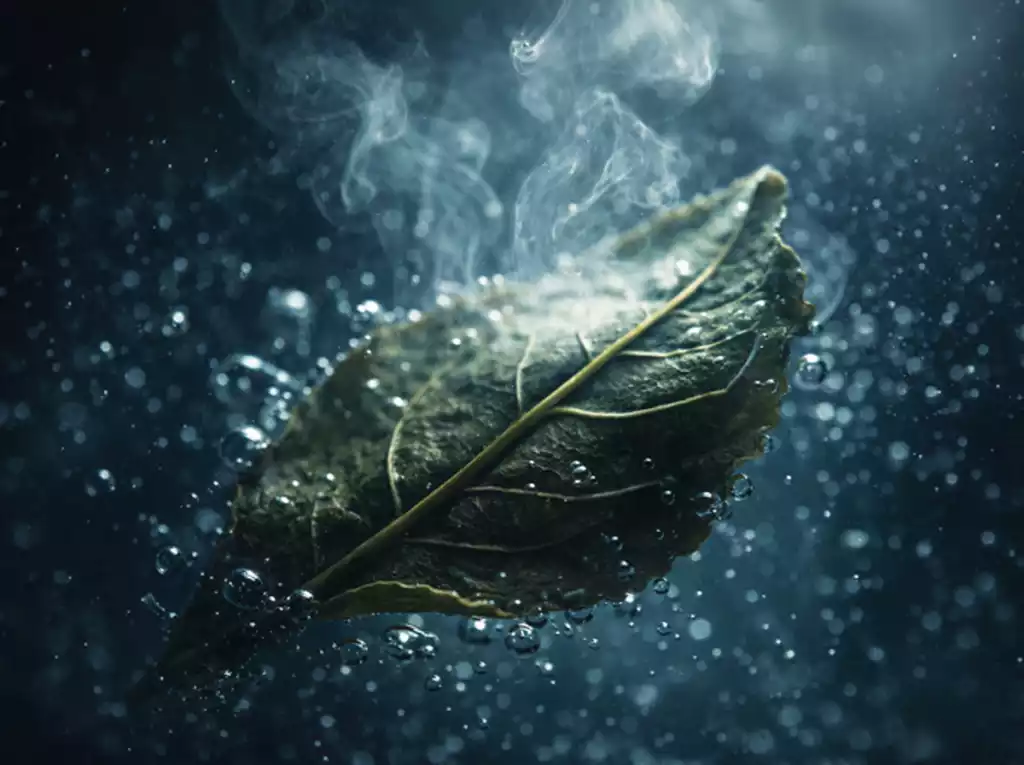 Macro shot of hot water being poured over dry tea leaves
