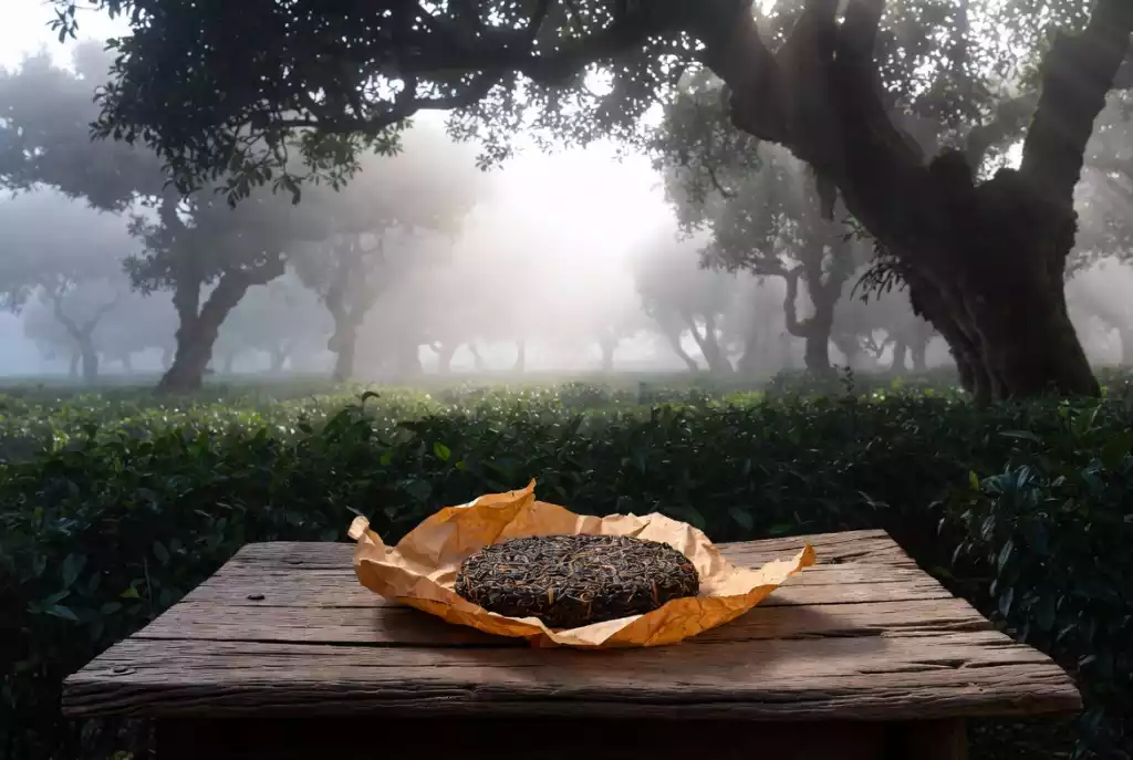 Sheng Pu-erh tea cake in a lush Yunnan high-altitude tea garden background