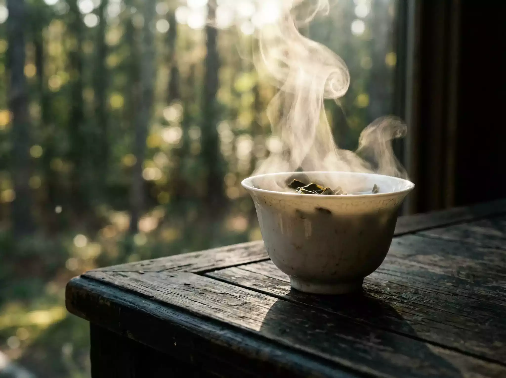 A steaming white porcelain gaiwan on a tea table, representing the beginning of a Cha Qi journey