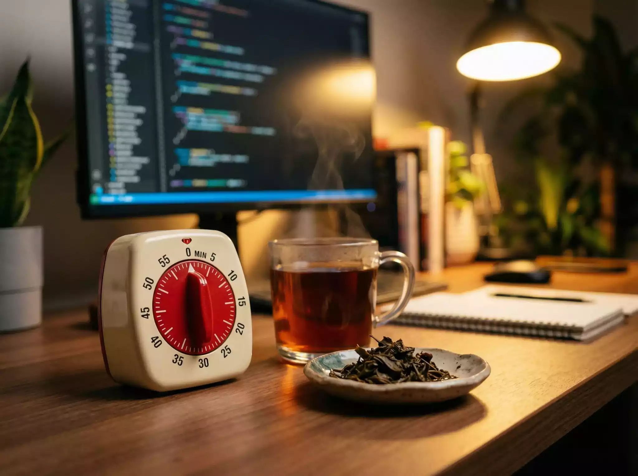 A mechanical kitchen timer set to 3 minutes on a desk, used as a tool to prevent over-steeping tea