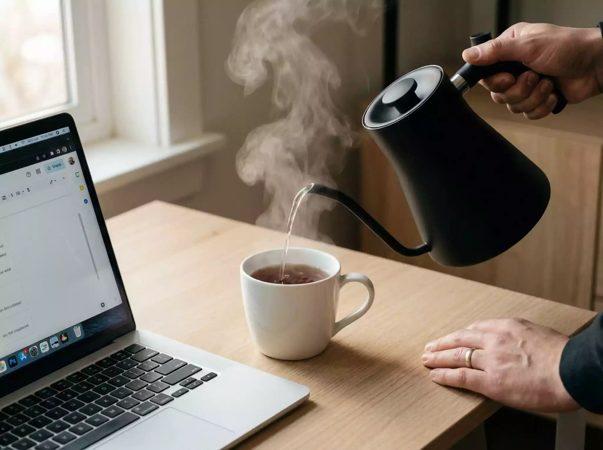 A cozy office tea setup with a white porcelain mug next to a laptop, illustrating a mindful tea break at work