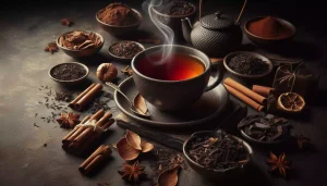 A bold cup of tea on a rustic stone surface surrounded by cinnamon and dry tea leaves