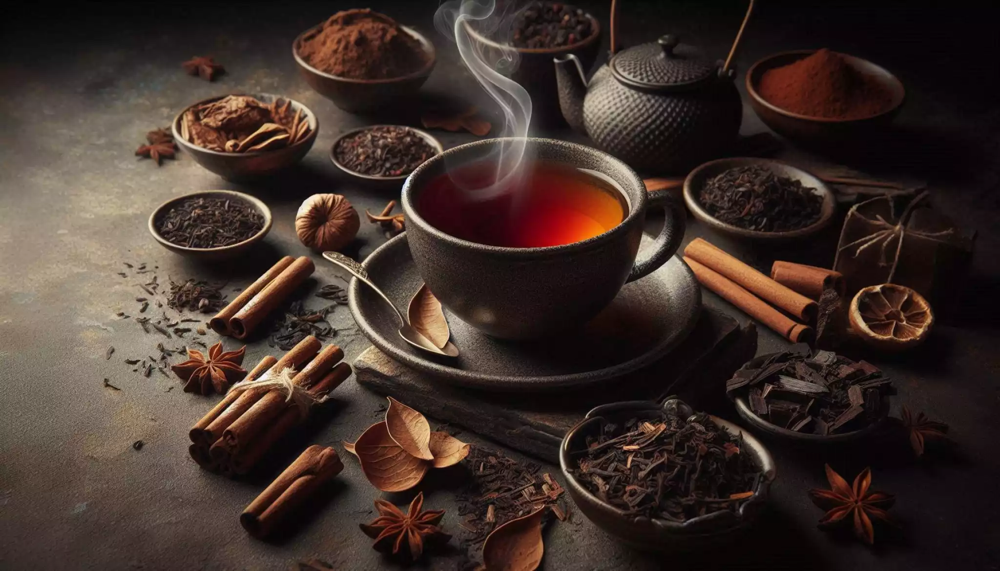 A bold cup of tea on a rustic stone surface surrounded by cinnamon and dry tea leaves