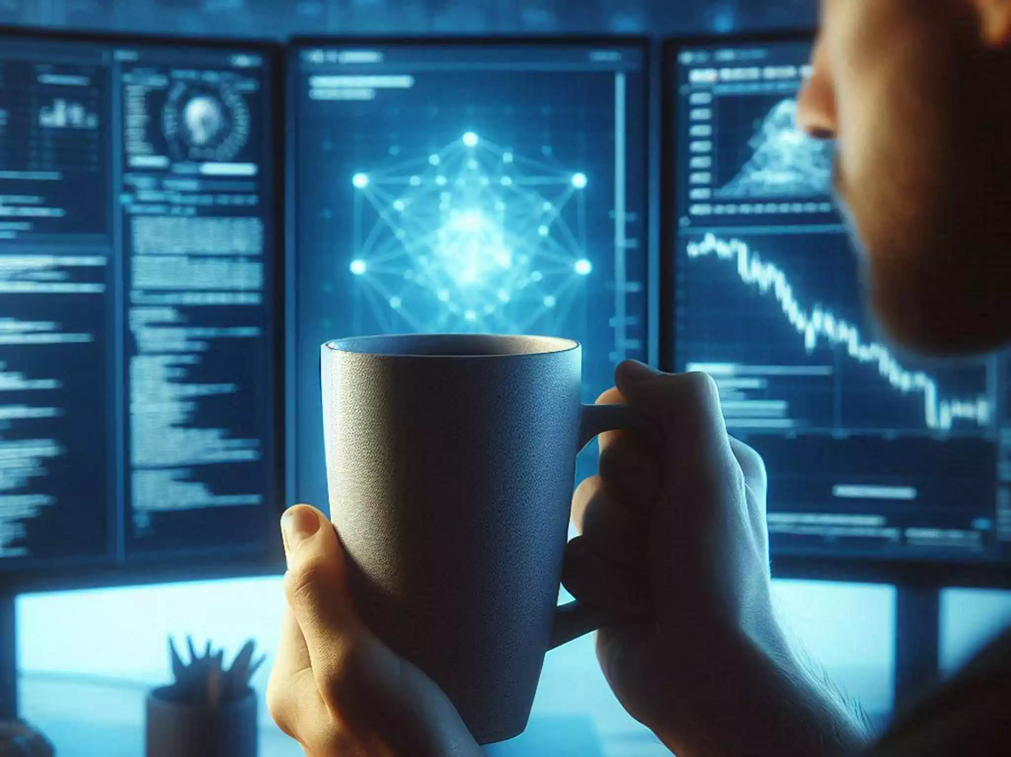 Man holding a tea mug while working in a focused flow state, illustrating L-Theanine benefits