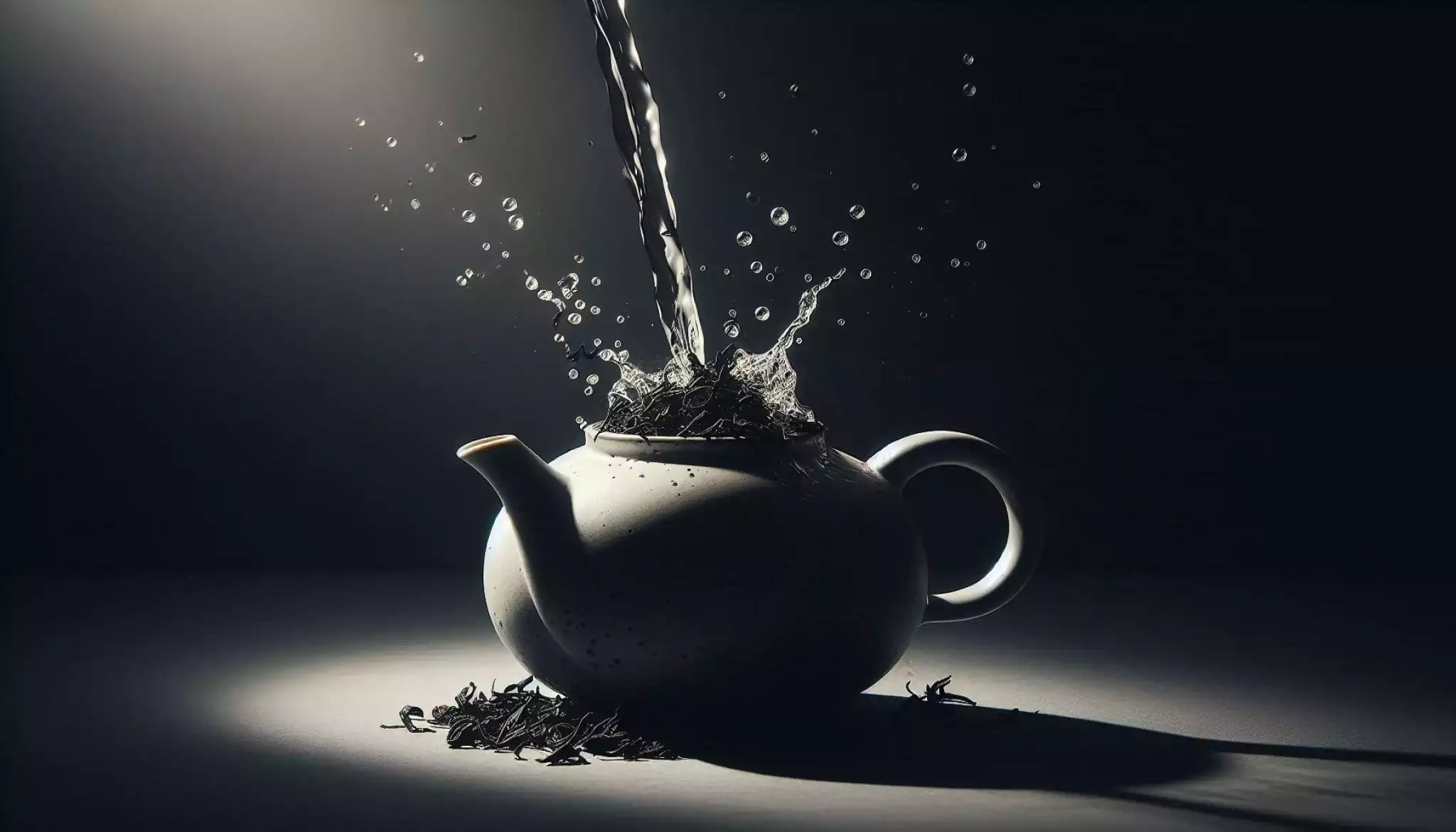 Hot water splashing onto loose tea leaves in a ceramic teapot