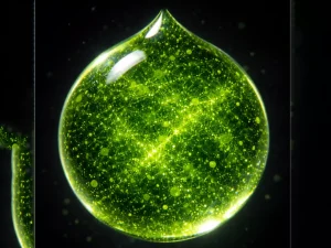 Microscope photography of a single droplet of ceremonial matcha suspension. Visible suspended fine tea particles (diameters 10-20 microns) creating a vibrant jade green network.