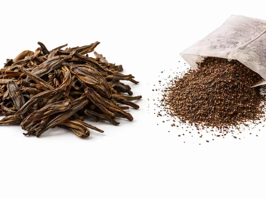 Macro side-by-side: large whole leaf Yunnan pu-erh vs fine fannings and dust from tea bag