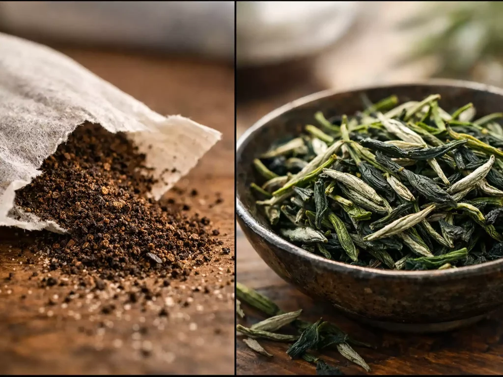 Comparison between high-quality whole leaf tea and low-grade commercial tea bag fanning