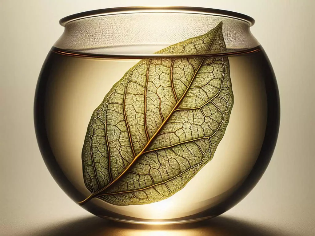 The leaf veins are highly detailed, looking like a biological circuit board. Soft backlight highlighting the golden-green transparency of the water.