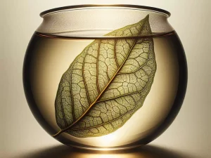 The leaf veins are highly detailed, looking like a biological circuit board. Soft backlight highlighting the golden-green transparency of the water.