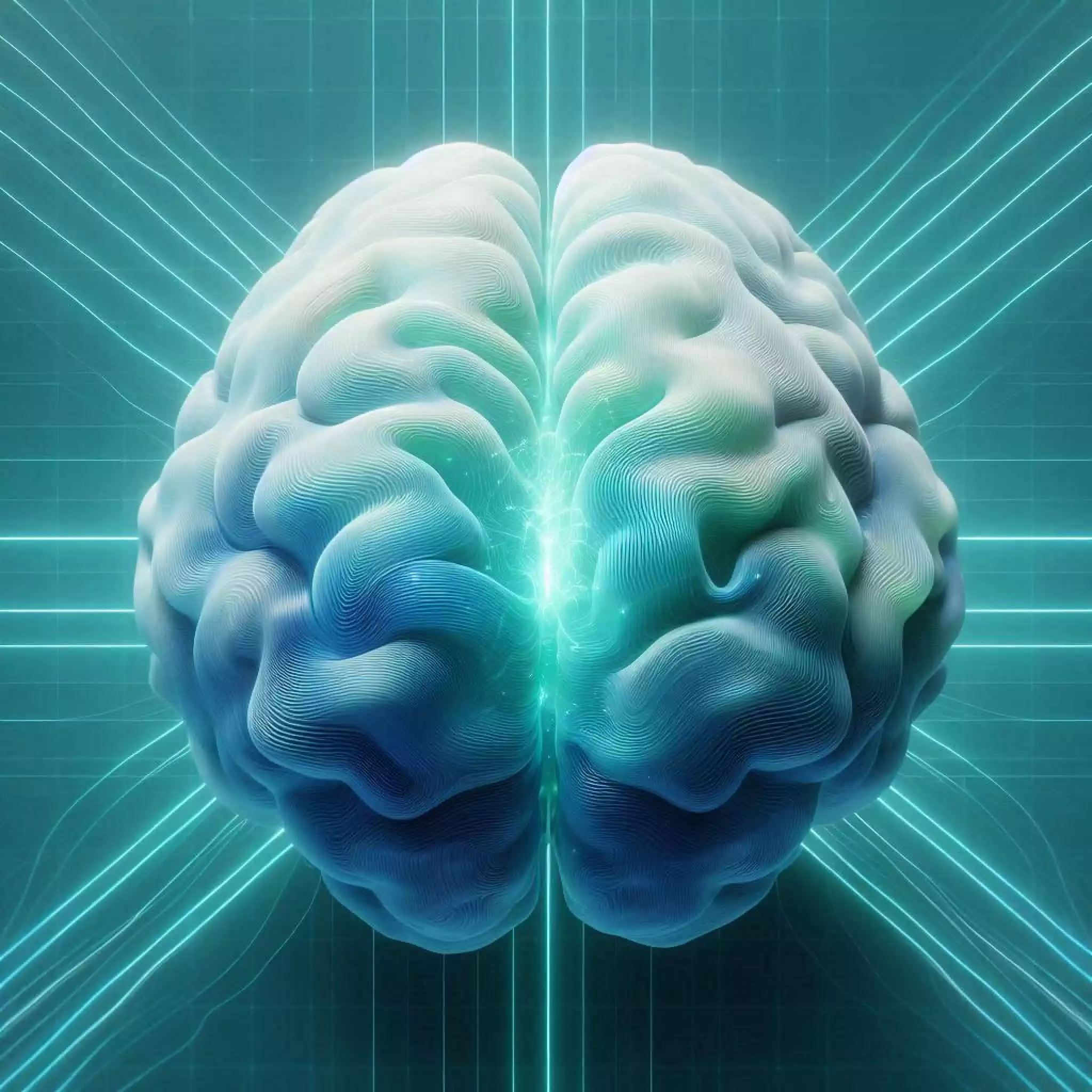 Visualizing the biohacking flow state: A minimalist representation of a human brain emanating calm, seafoam green Alpha brainwaves after ingesting L-Theanine