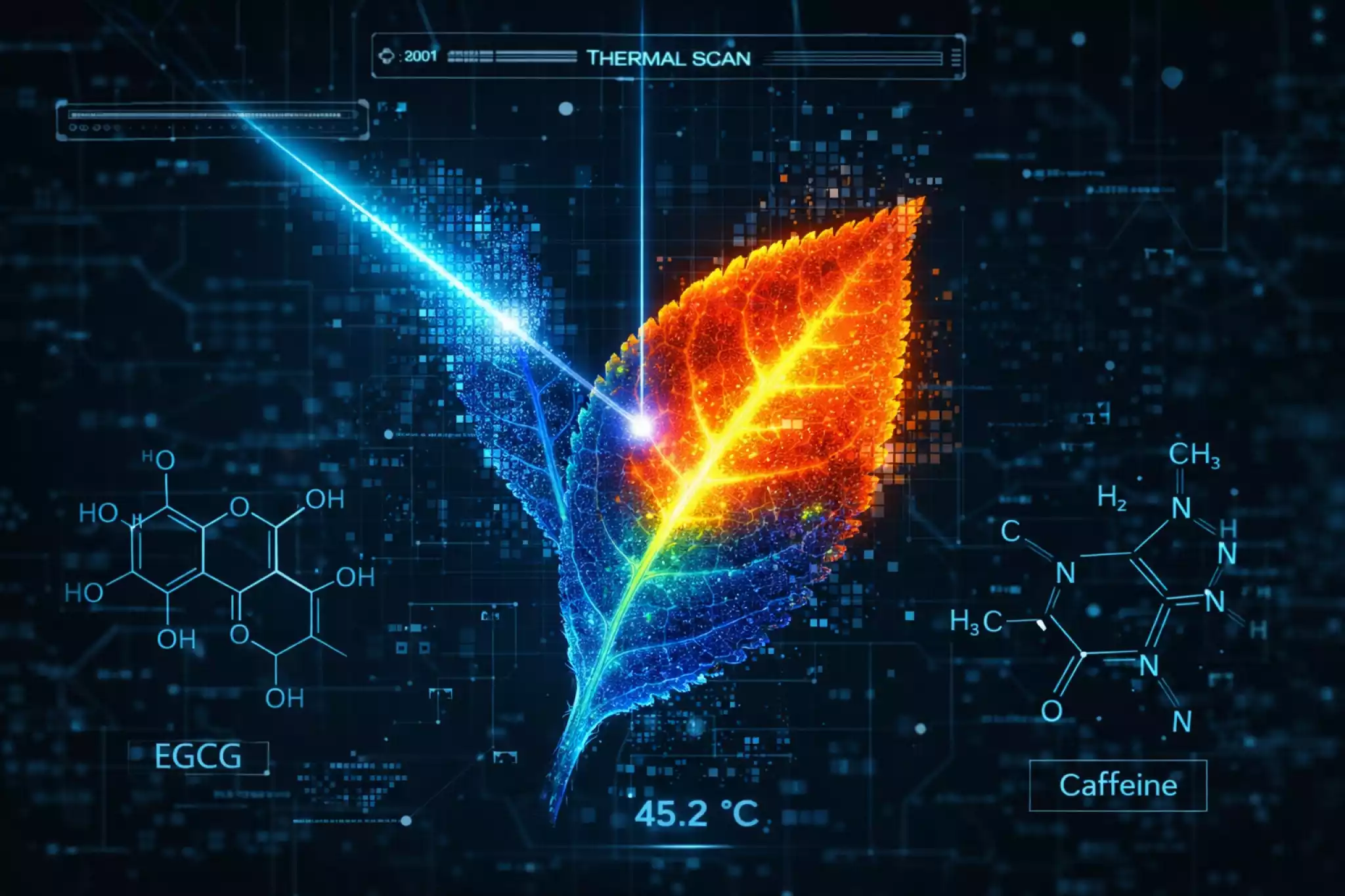 Thermal camera scan of a tea leaf showing heat-driven chemical degradation kinetics