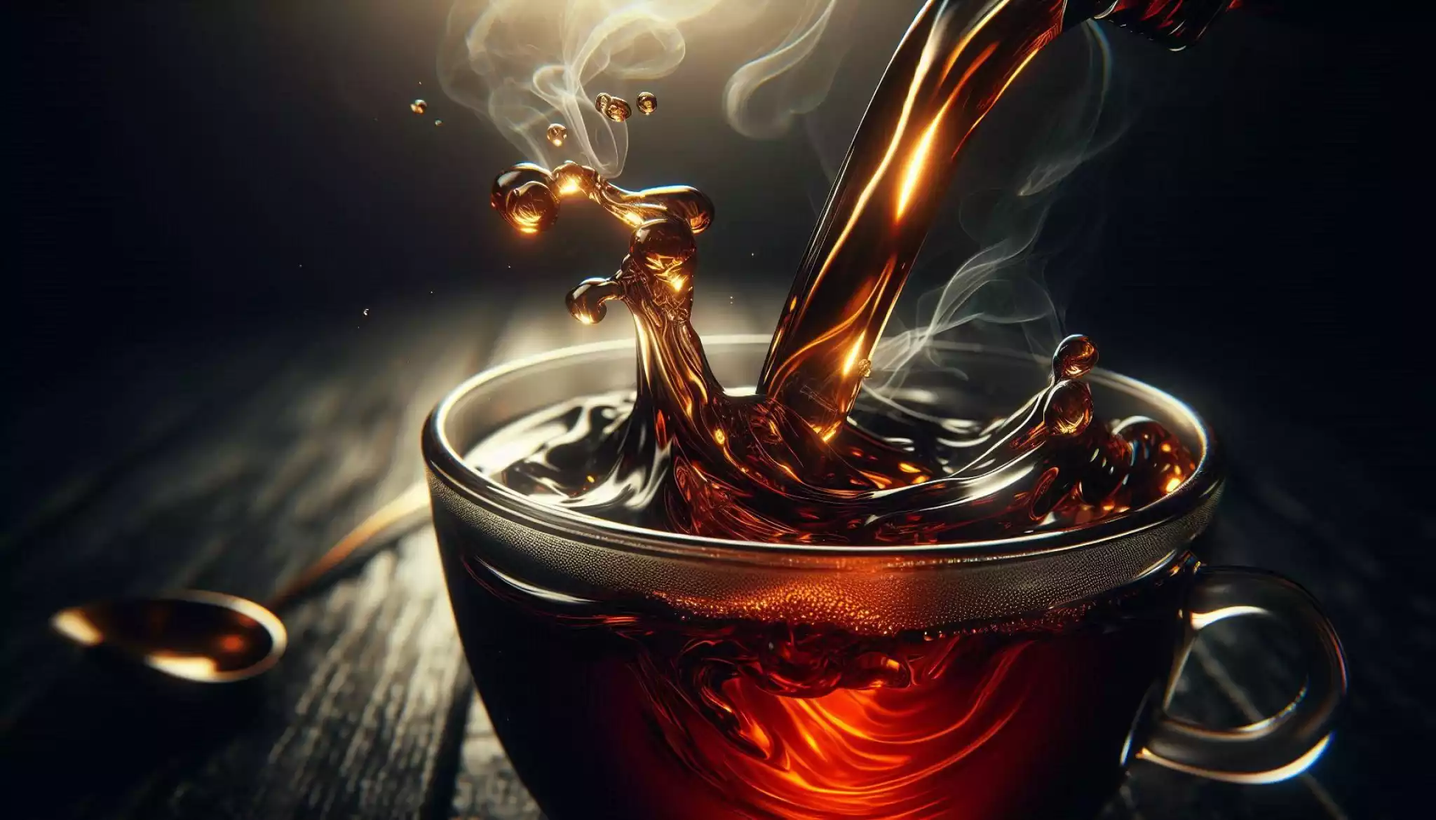 Close-up of rich amber black tea being poured into a clear glass cup showing viscosity