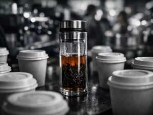 tandard white paper coffee cups with lids fill the frame, slightly out of focus. In the sharp foreground, standing out in contrast, is a minimalist clear glass travel tea infuser bottle with dark, expanding Yunnan Dianhong black tea leaves inside.