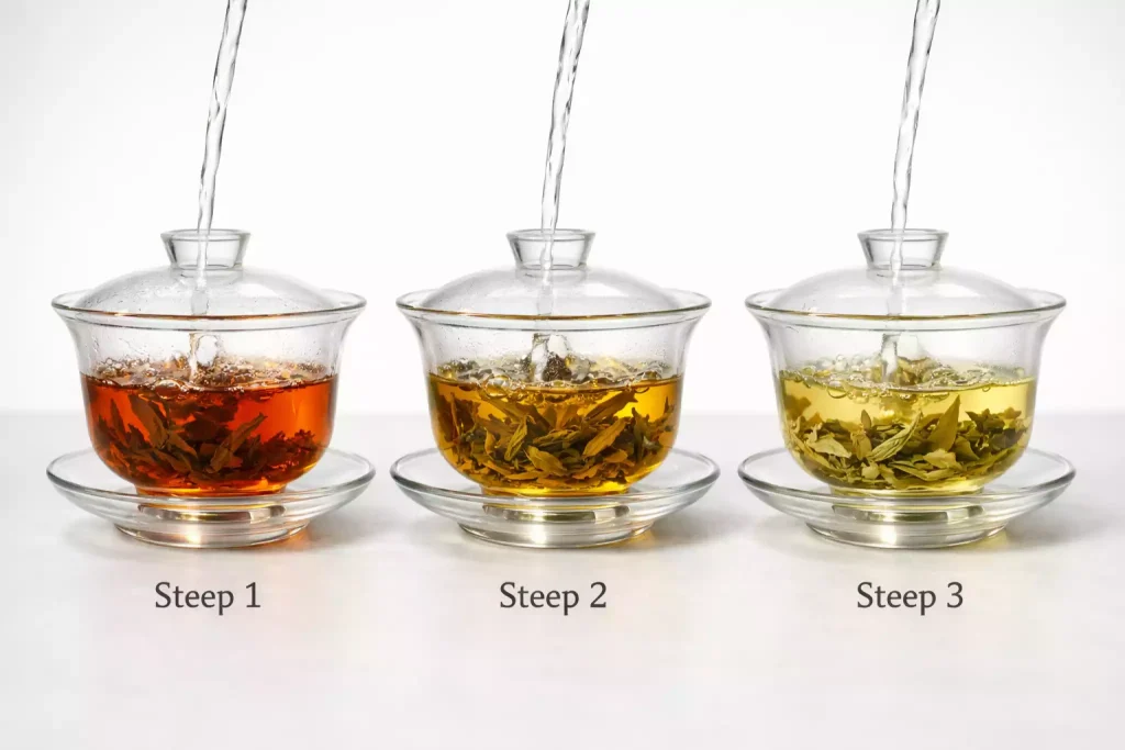 A continuous pouring action of hot water. The tea color in the gaiwans transitions beautifully from a vibrant amber to a rich gold to a pale yellow, showing the leaves expanding.